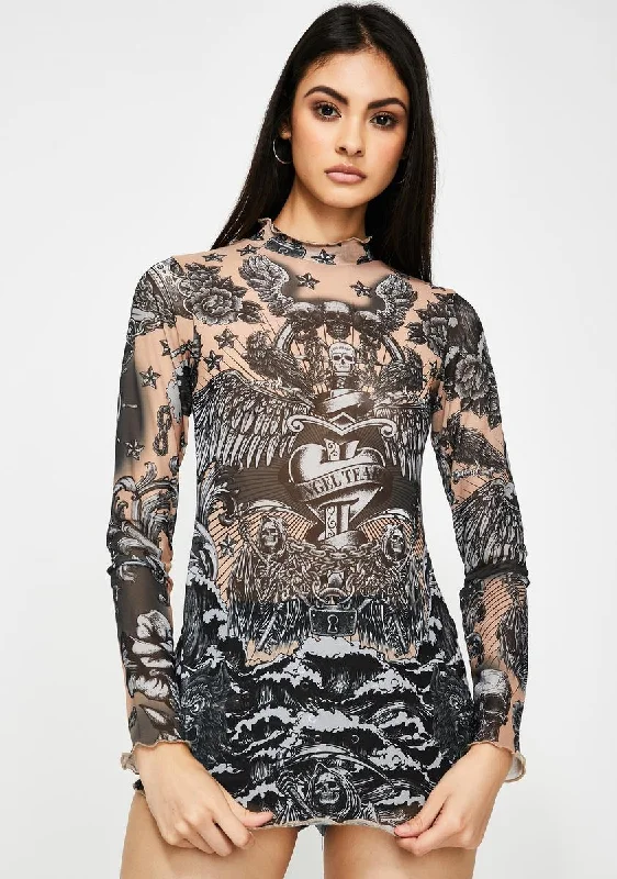 Tattoo Print Mesh Top