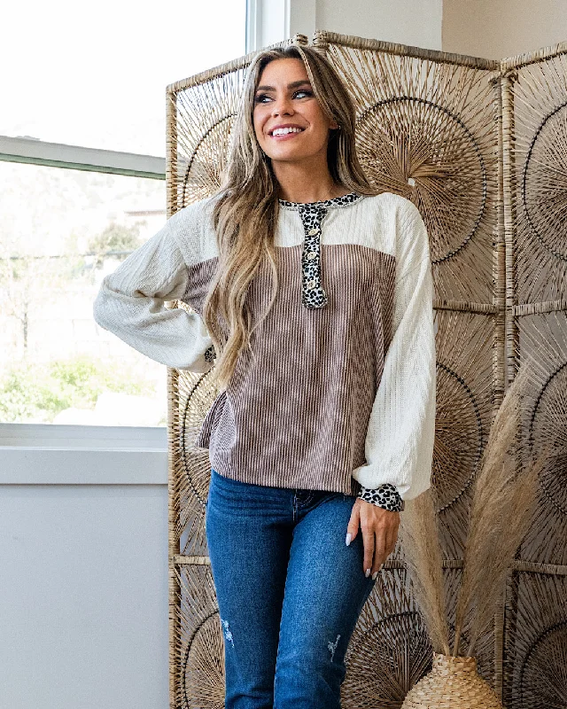 Shayla Mixed Fabric Color Block Henley Top - Mocha