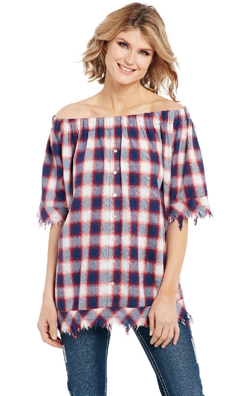 Cowgirl Up Womens Red/Blue 100% Cotton Raw Edge Fringe Plaid Tunic S/S