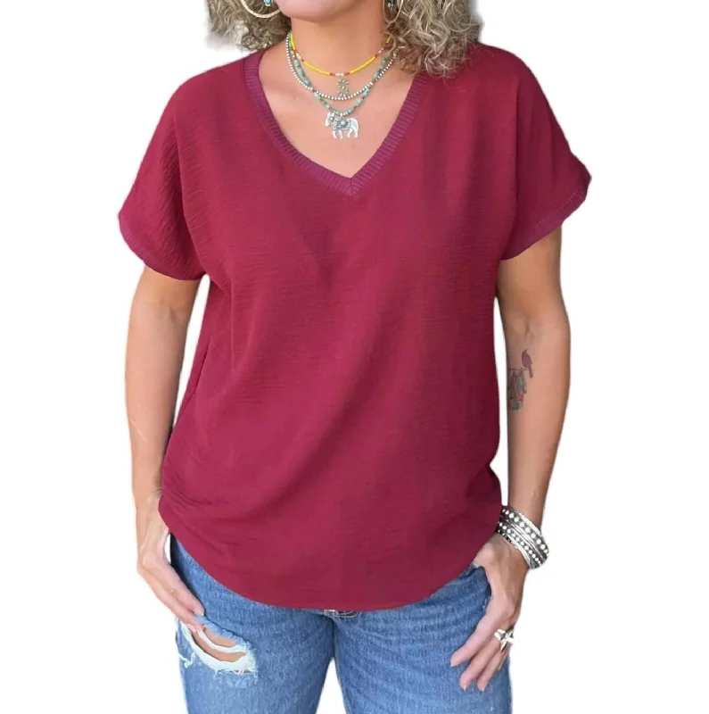 V-Neck Rib Trim Tee In Wine