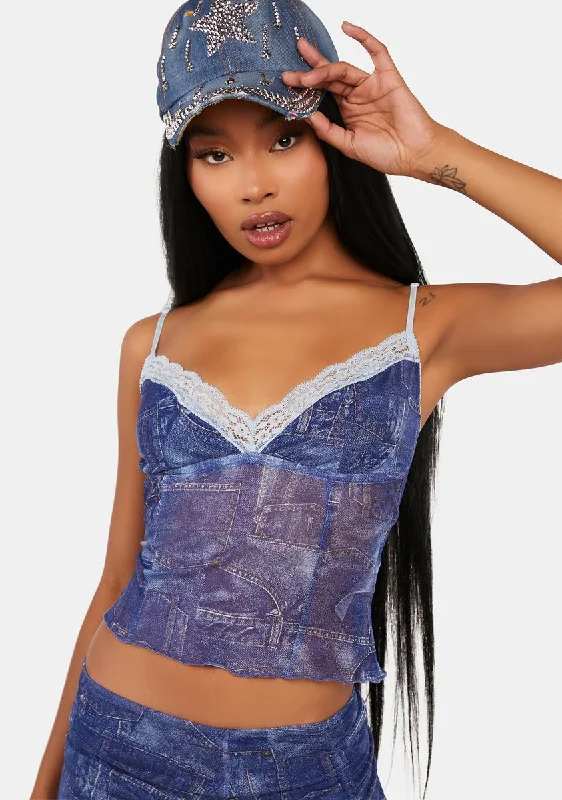 Denim Printed Lace Mesh Top