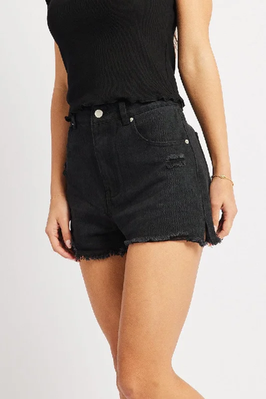 Black Denim Short High Rise Ripped