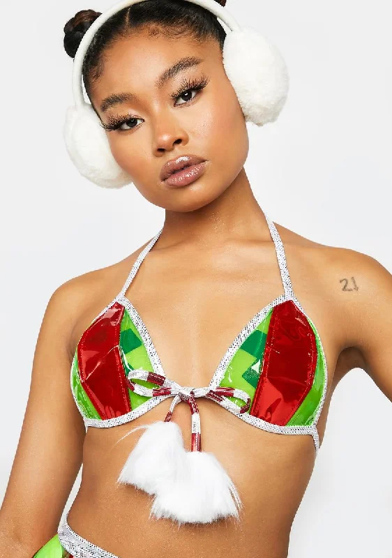 Vinyl Bra Top With Pom Pom Bow