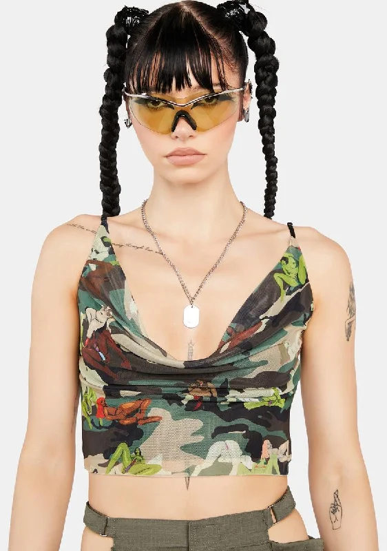 Self Love Camo Plunge Mesh Top