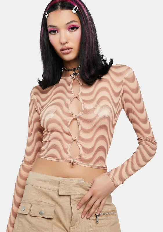 Brown Wave Print Mesh Top