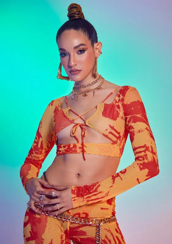 Orange Tonal Ripped Magazine Print Mesh Top