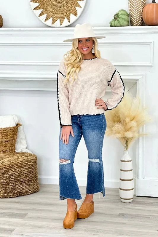 Oatmeal Contrast Stitch Long Sleeve Sweater