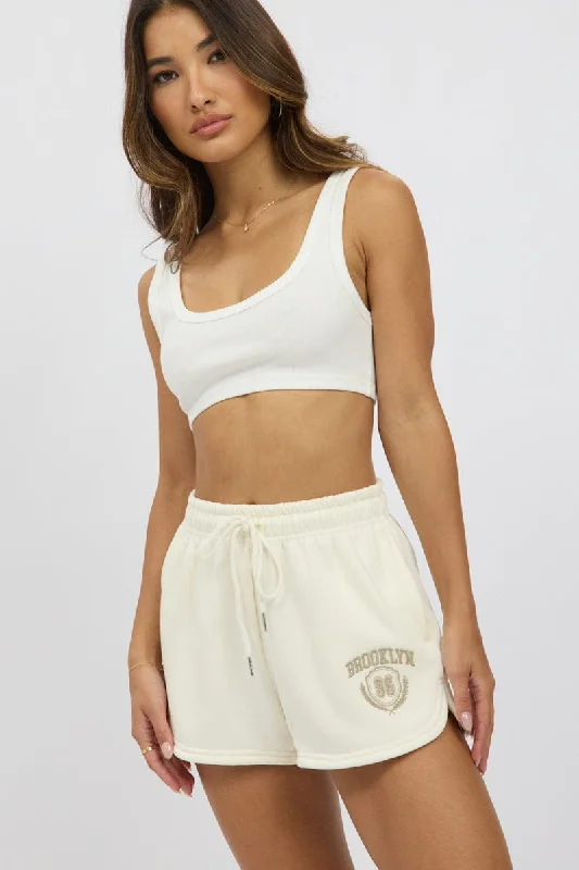 White Track Shorts Mid Rise