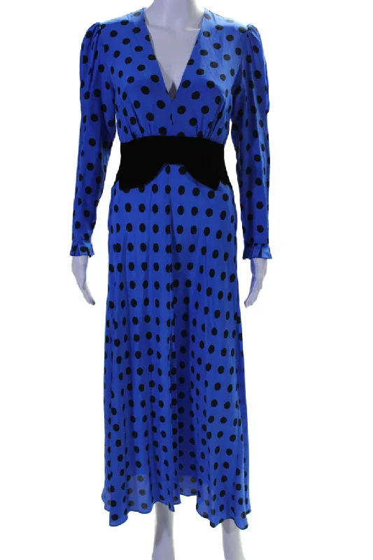 Bold and Elegant Women's Fashion Rixo Womens Silk Polka Dot V Neck Long Sleeves A Line Dress Blue Black