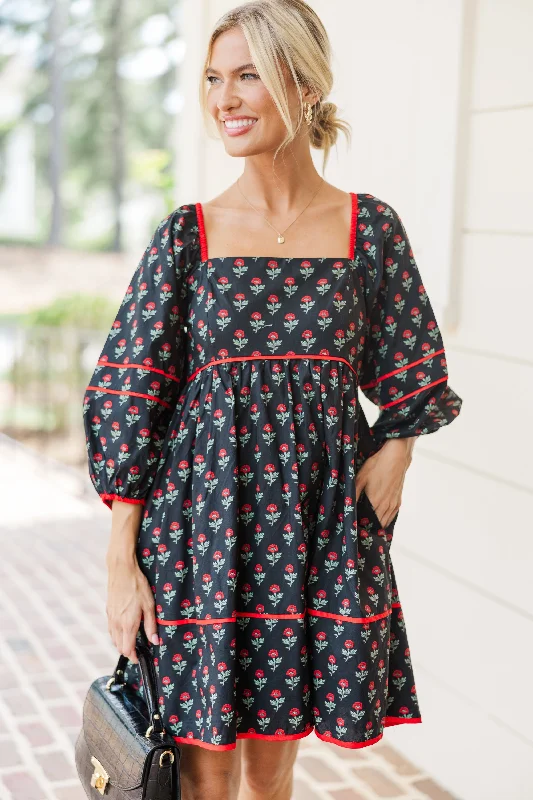 Crazy Price Slashing Want It All Black Floral Babydoll Dress