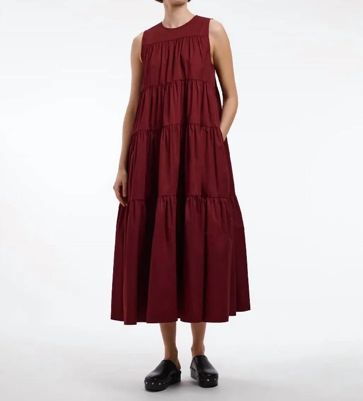 Affordable Women's Clothing Sleeveless Tiered Dress In Cabernet