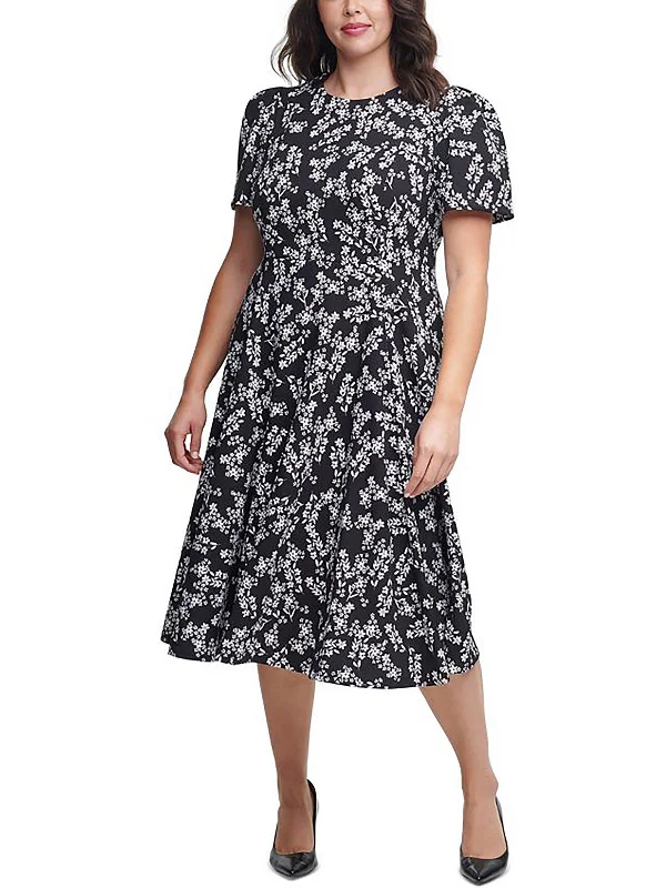 Smart Casual Deals Plus Womens Floral Print Mid Calf Fit & Flare Dress