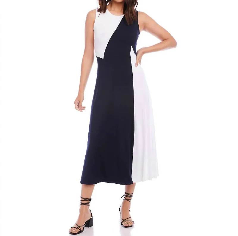 Chic And Trendy Sleeveless Colorblock Dress In Navy With White