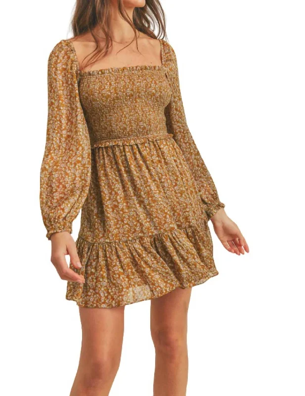 Stylish Women's Clothing Babydoll Dress In Gold Floral