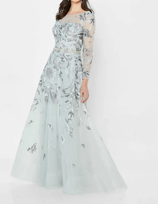 Father's Day Deals Long Sleeve Embroidered Dress In Silver