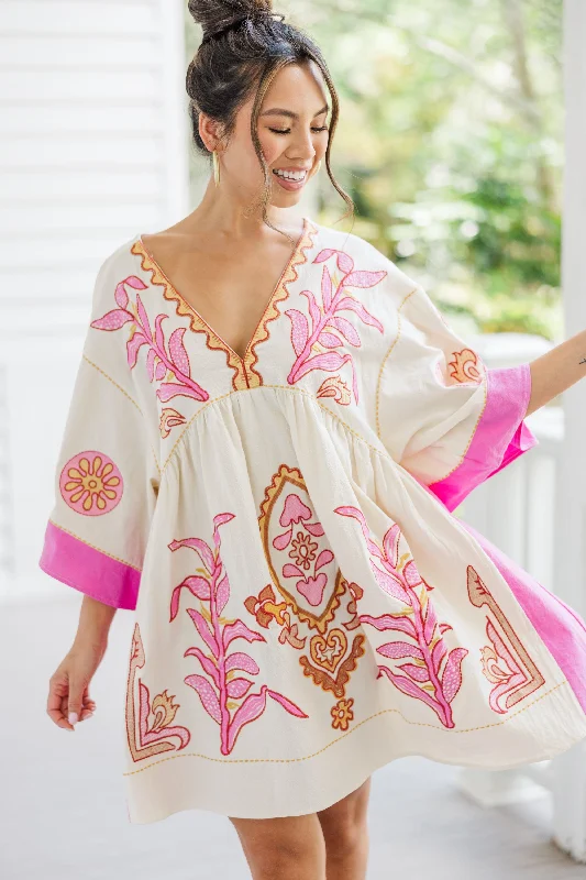 Women's Active Garments For Workouts Just My Type Pink Floral Embroidery Babydoll Dress