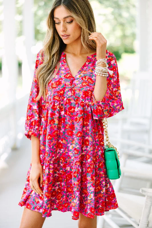 Luxe Fashion, Less Cost Can't Be Outdone Fuchsia Pink Ditsy Floral Babydoll Dress