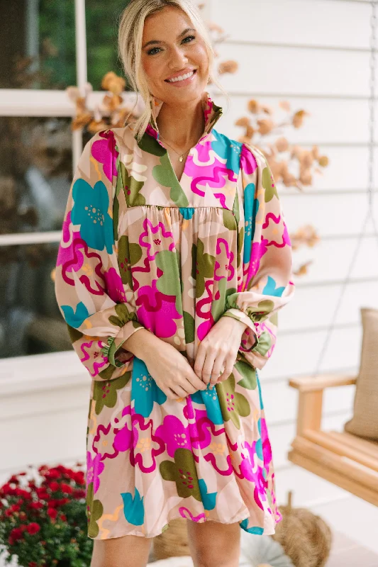 Stylish Basics Always With Love Taupe Brown Floral Babydoll Dress