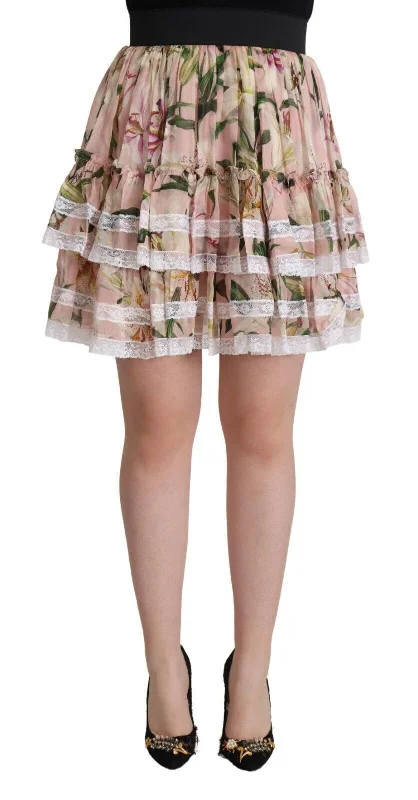 Dolce & Gabbana Elegant Lily Print Tie A-Line Mini Women's Skirt