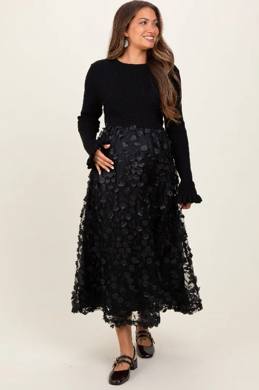 Black Floral Applique Contrast Skirt Maternity Midi Dress