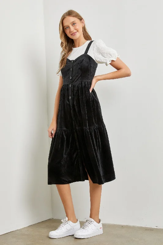 Black Velvet Ruffled Midi Dress