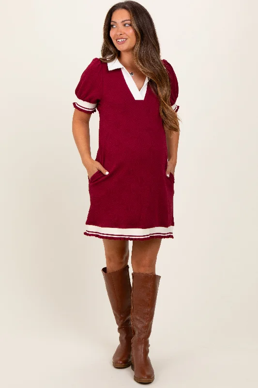 Burgundy Knit Contrast Trim Collared Maternity Mini Dress