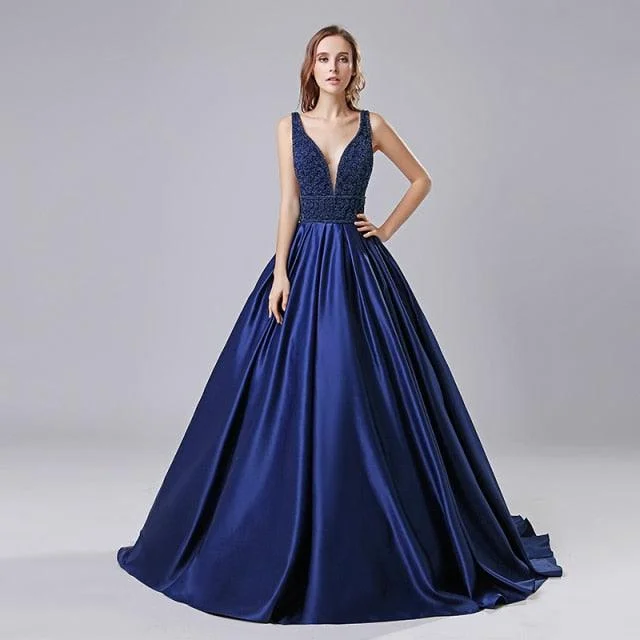 Elegant Deep V Neck Sleeveless Beaded A Line Floor Length Sweep Train Evening Gown