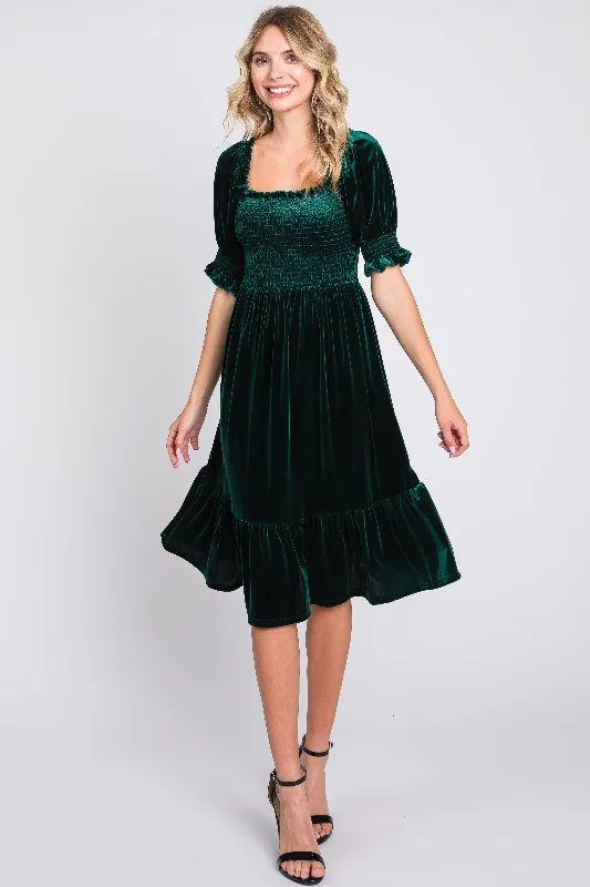 Forest Green Velvet Smocked Puff Sleeve Dress