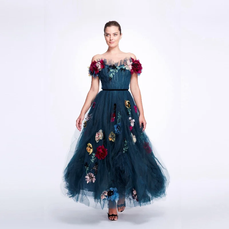 Floral Off The Shoulder Ankle Length Formal Event Gowns