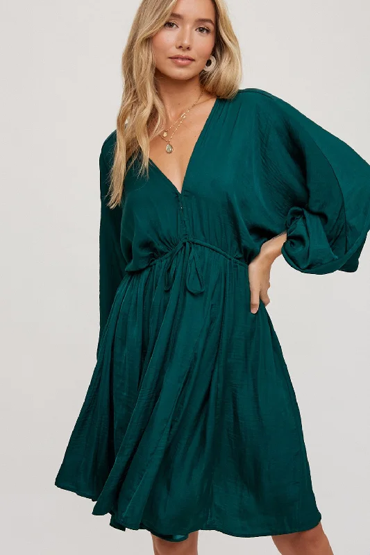 Hunter Green Satin Open-Back Dolman Sleeved Dress