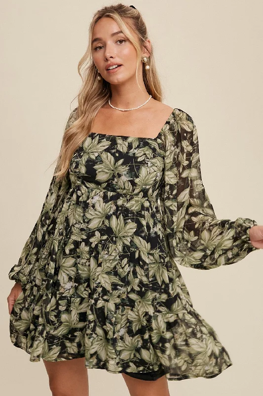 Light Green Leaf Print Square Neck Tiered Mini Dress