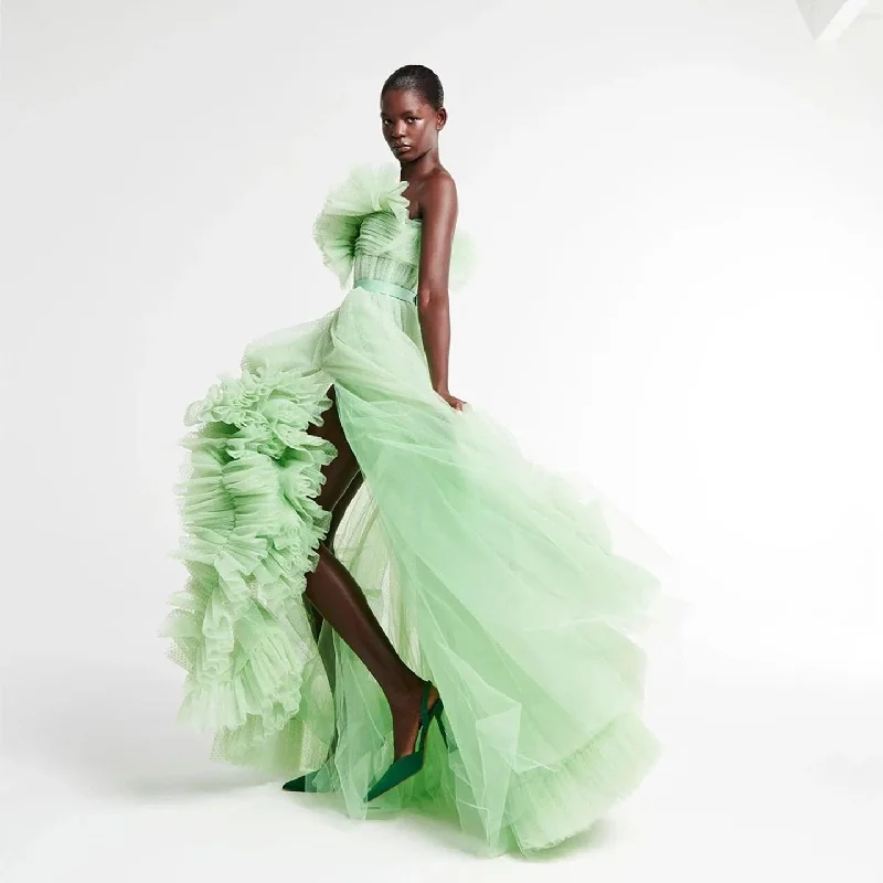 Mini Green Dot Tulle Split Corset Long Maxi Gowns