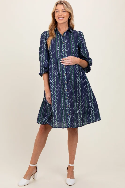 Navy Floral Striped Button Down Maternity Midi Dress