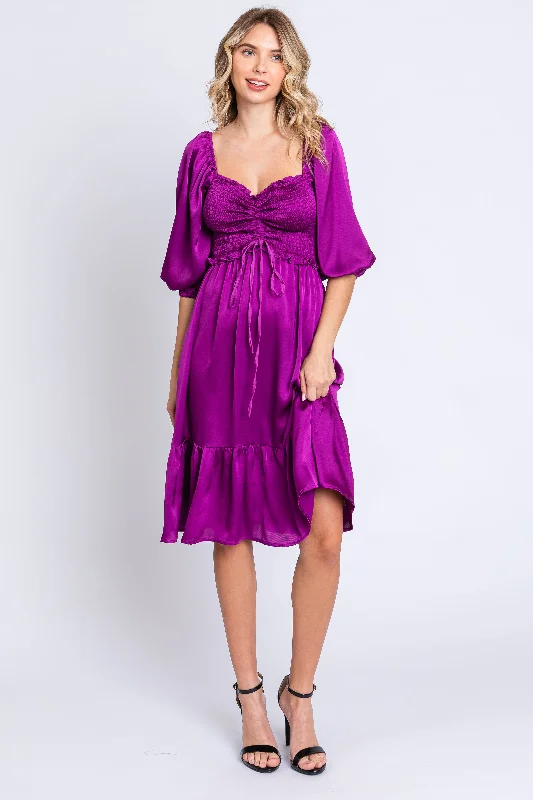 Plum Satin Smocked Ruffle Hem Dress