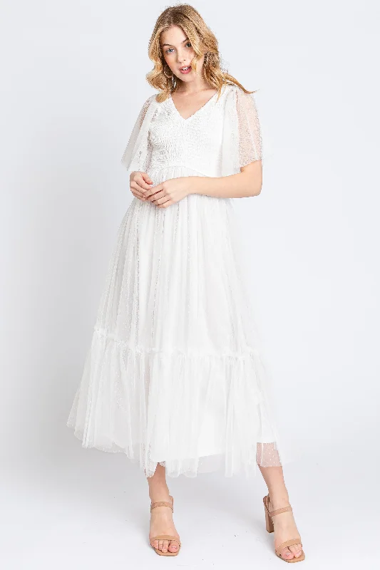 White Dotted Tulle Smocked Midi Dress