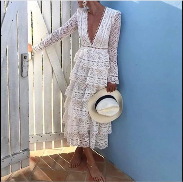 Women's Long sleeve V-neck White Lace Dress