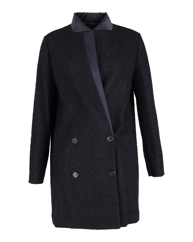 Brunello Cucinelli Double-Breasted Coat with Satin Collar in Navy Blue Wool