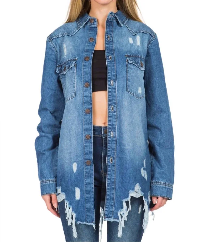 Chic Distressed Denim Jacket In Blue