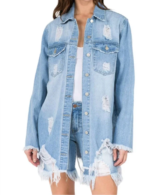 Chic Distressed Denim Jacket In Light Blue