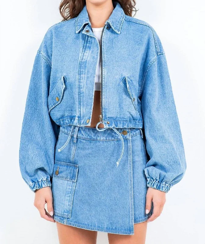 Cropped Denim Jacket With Drawstring Waist In Blue