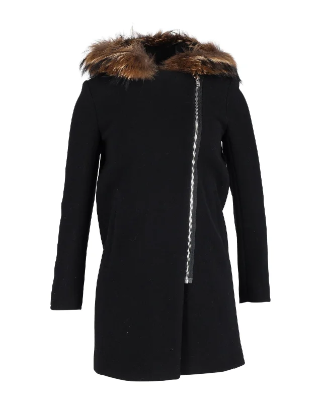 Sandro Henry Fox Fur-Trimmed Coat in Black Wool