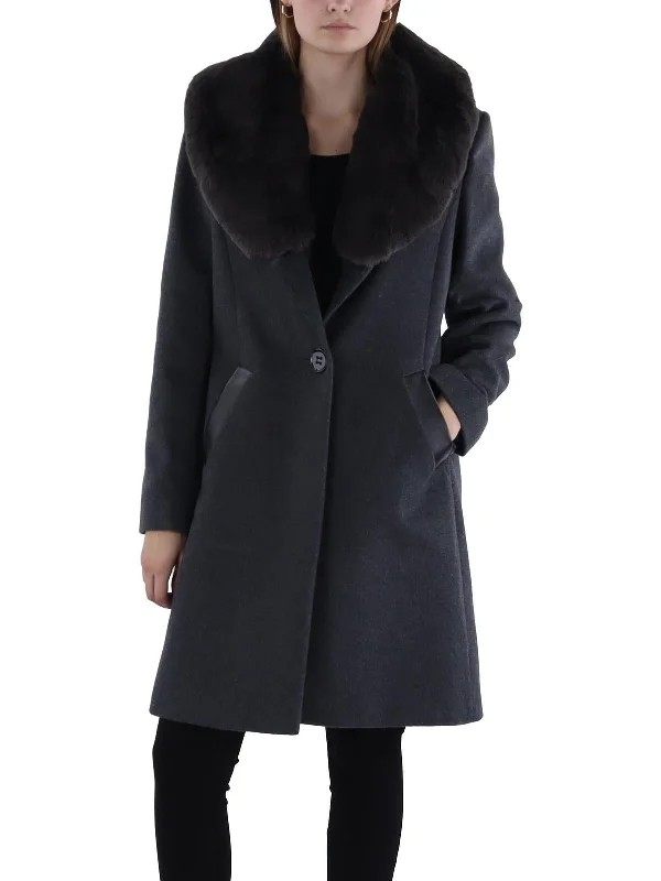 Womens Faux Fur Trim Midi Walker Coat