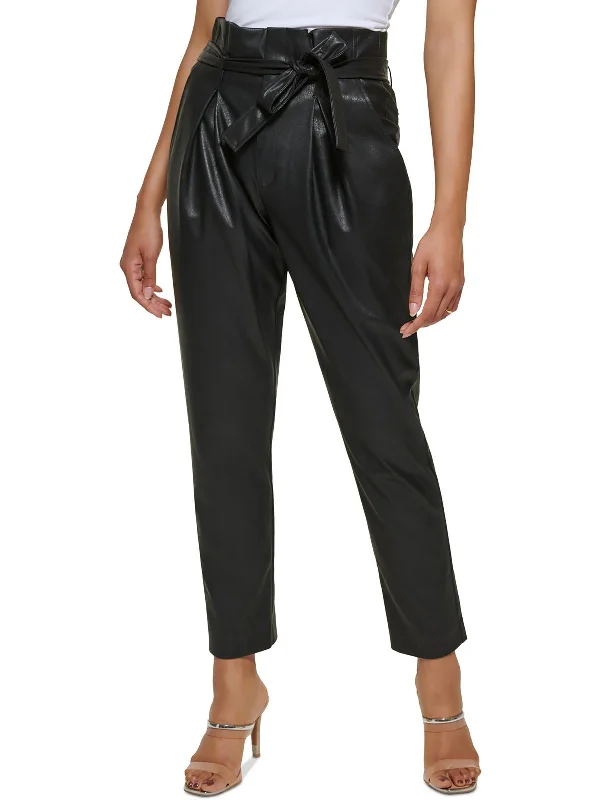 Womens Faux-Leather High-Rise Ankle Pants