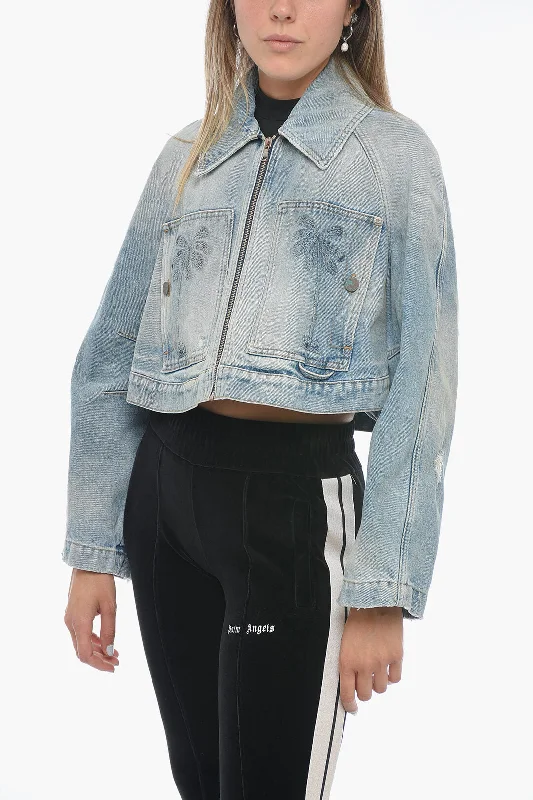 Palm Angels Cropped Fit Denim Jacket with Front Zip